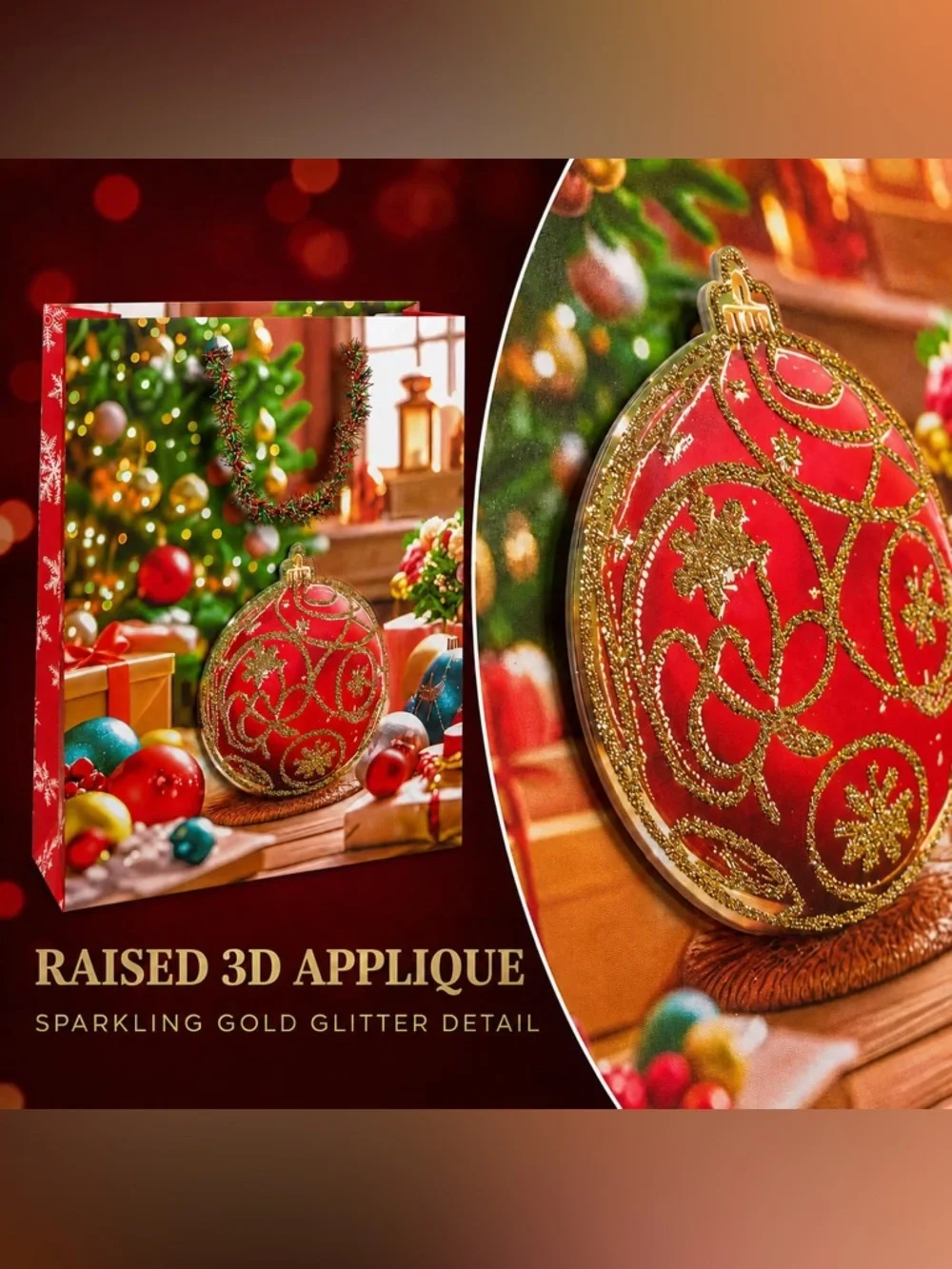 Festive Red Christmas Gift Bags with Raised 3D Appliqué